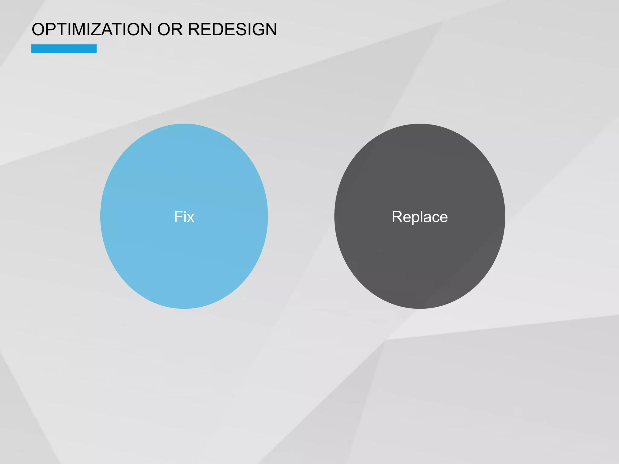 OPTIMIZATION OR REDESIGN




             Fix           Replace
 