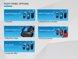 RIGHT PANEL OPTIONS




A (Control)           D (Name/Prices on phones)




B (Big Sexy Image)    E (Fa-La-La-La-La!)




C (Lead with Offer)
 