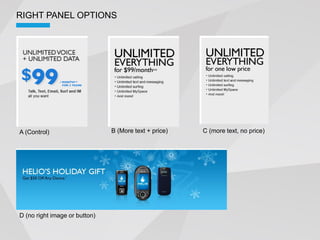 RIGHT PANEL OPTIONS




A (Control)                    B (More text + price)   C (more text, no price)




D (no right image or button)
 