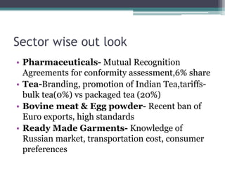 Sector wise out look
• Pharmaceuticals- Mutual Recognition
Agreements for conformity assessment,6% share
• Tea-Branding, promotion of Indian Tea,tariffs-
bulk tea(0%) vs packaged tea (20%)
• Bovine meat & Egg powder- Recent ban of
Euro exports, high standards
• Ready Made Garments- Knowledge of
Russian market, transportation cost, consumer
preferences
 