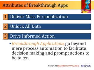 Attributes of Breakthrough Apps

1 Deliver Mass Personalization

2 Unlock All Data

3 Drive Informed Action
   • Breakthrough Applications go beyond
     mere process automation to facilitate
     decision making and prompt actions to
     be taken
 