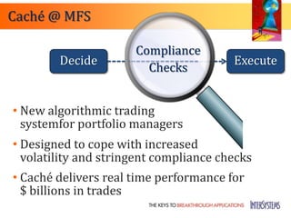 Caché @ MFS

                      Compliance
        Decide                          Execute
                        Checks


• New algorithmic trading
  systemfor portfolio managers
• Designed to cope with increased
  volatility and stringent compliance checks
• Caché delivers real time performance for
  $ billions in trades
 