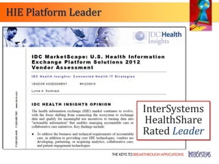 HIE Platform Leader




                      InterSystems
                       HealthShare
                      Rated Leader
 