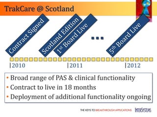 TrakCare @ Scotland




  2010              2011                2012

• Broad range of PAS & clinical functionality
• Contract to live in 18 months
• Deployment of additional functionality ongoing
 