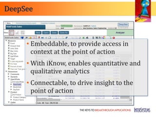 DeepSee



     • Embeddable, to provide access in
       context at the point of action
     • With iKnow, enables quantitative and
       qualitative analytics
     • Connectable, to drive insight to the
       point of action
 