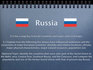 Russia
        E.2 Use a map key to locate countries and major cities in Europe.

  E.3 Explain how the following five factors have influenced settlement and the
economies of major European countries: absolute and relative locations, climate,
     major physical characteristics, major natural resources, population size.

 Optional Topic: Identify the countries that were once part of the Soviet Union in
the Baltic area, Central Asia, Southern Russia, and the Caucasus, and compare the
 population and size of the former Soviet Union with that of present day Russia.
 
