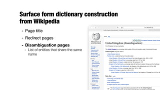 Surface form dictionary construction  
from Wikipedia
- Page title

- Redirect pages

- Disambiguation pages
- List of entities that share the same
name
 