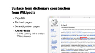 Surface form dictionary construction  
from Wikipedia
- Page title

- Redirect pages

- Disambiguation pages

- Anchor texts
- of links pointing to the entity's
Wikipedia page
 