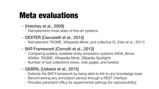 Meta evaluations
- [Hatchey et al., 2009] 

- Reimplements three state-of-the-art systems
- DEXTER [Ceccarelli et al., 2013]

- Reimplement TAGME, Wikipedia Miner, and collective EL [Han et al., 2011]
- BAT-Framework [Cornolti et al., 2013]

- Comparing publicly available entity annotation systems (AIDA, Illinois
Wikiﬁer, TAGME, Wikipedia Miner, DBpedia Spotlight)
- Number of test collections (news, web pages, and tweets)
- GEBRIL [Usbeck et al., 2015]

- Extends the BAT-Framework by being able to link to any knowledge base
- Benchmarking any annotation service through a REST interface
- Provides persistent URLs for experimental settings (for reproducibility)
 