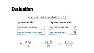 Evaluation
P =
|I
T ˆI|
|I|
R =
|I
T ˆI|
|ˆI|
F =
2 · P · R
P + R
New York City, Manhattan
ground truth system annotationˆI I
new york pizza manhattan
New York-style pizza, Manhattan
New York City, Manhattan
New York-style pizza
 