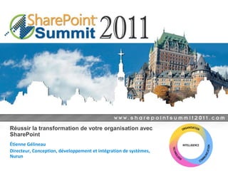 Réussir la transformation de votre organisation avec SharePoint Étienne Gélineau Directeur, Conception, développement et intégration de systèmes, Nurun 