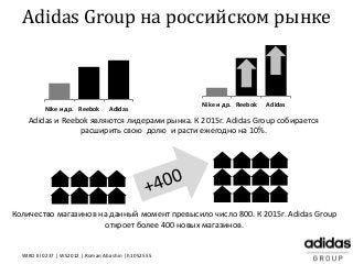 Adidas Group на российском рынке
Nike и др. Reebok Adidas
WIKO III 0237 | WS2012 | Roman Abashin | h1052555
Nike и др. Reebok Adidas
Adidas и Reebok являются лидерами рынка. К 2015г. Adidas Group собирается
расширить свою долю и расти ежегодно на 10%.
Количество магазинов на данный момент превысило число 800. К 2015г. Adidas Group
откроет более 400 новых магазинов.
 