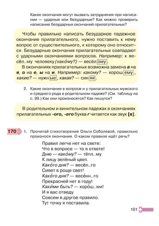 Какие окончания могут вызвать затруднения при написа­
нии — ударные или безударные? Как можно проверить
написание безударных окончаний прилагательных?
Чтобы правильно написать безударное падежное
окончание прилагательного, нужно поставить к нему
вопрос от существительного, к которому оно относит­
ся. Безударные окончания прилагательных совпадают
с ударными окончаниями вопросов. Например: к ве­
сёлому человеку (какому?) — весёл|ому
В окончаниях прилагательных возможна замена а на
я, о на е, ы на и. Например: какому? — хорош [ему
какие? — нужн[ыё], какая? — син[яя
2. Какие окончания в вопросе и у прилагательных мужского
и среднего рода в родительном падеже? {См. таблицу на
с. 99.) Как они произносятся? Как пишутся?
В родительном и винительном падежах в окончаниях
прилагательных -ого, -его буква г читается как звук [В ].
170 1. Прочитай стихотворение Ольги Соболевой, правильно
произнося окончания. О каком правиле идёт речь?
Правил легче нет на свете:
Что в вопросе — то в ответе!
Дню — какому? — тёпл., му
К лицу зелёный цвет.
Какого дня? — весёлого
Сияет в роще свет!
Какого дня? — весённ..го
Прекрасней нет в году!
Какими быть? — хорош..ми!
И я вас отведу
Совсем в другое правило.
Тут точку я поставила.
101
 