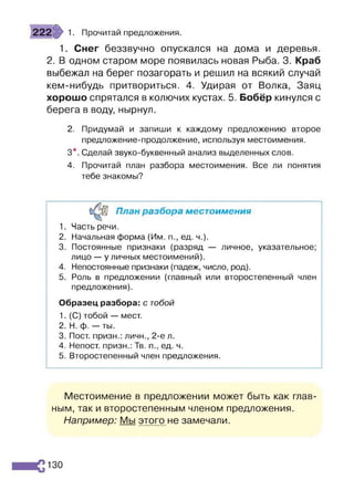 1. Снег беззвучно опускался на дома и деревья.
2. В одном старом море появилась новая Рыба. 3. Краб
выбежал на берег позагорать и решил на всякий случай
кем-нибудь притвориться. 4. Удирая от Волка, Заяц
хорошо спрятался в колючих кустах. 5. Бобёр кинулся с
берега в воду, нырнул.
2. Придумай и запиши к каждому предложению второе
предложение-продолжение, используя местоимения.
3*. Сделай звуко-буквенный анализ выделенных слов.
4. Прочитай план разбора местоимения. Все ли понятия
тебе знакомы?
222 1. Прочитай предложения.
План разбора местоимения
1. Часть речи.
2. Начальная форма (Им. п., ед. ч.).
3. Постоянные признаки (разряд — личное, указательное;
лицо — у личных местоимений).
4. Непостоянные признаки (падеж, число, род).
5. Роль в предложении (главный или второстепенный член
предложения).
Образец разбора: с тобой
1. (С) тобой — мест.
2. Н. ф. — ты.
3. Пост, призн.: личн., 2-е л.
4. Непост. призн.: Тв. п., ед. ч.
5. Второстепенный член предложения.
Местоимение в предложении может быть как глав­
ным, так и второстепенным членом предложения.
Например: Мы этого не замечали.
130
 