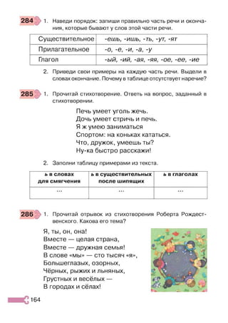 284 1. Наведи порядок: запиши правильно часть речи и оконча­
ния, которые бывают у слов этой части речи.
Существительное -ешь, -ишь, -ть, -ут, -ят
Прилагательное -о, -е, -и, -а, -у
Глагол -ый, -ий, -ая, -яя, -ое, -ее, -ие
2. Приведи свои примеры на каждую часть речи. Выдели в
словах окончание. Почему в таблице отсутствует наречие?
285 1. Прочитай стихотворение. Ответь на вопрос, заданный в
стихотворении.
Печь умеет уголь жечь.
Дочь умеет стричь и печь.
Я ж умею заниматься
Спортом: на коньках кататься.
Что, дружок, умеешь ты?
Ну-ка быстро расскажи!
2. Заполни таблицу примерами из текста.
ь в словах
для смягчения
ь в существительных
после шипящих
ь в глаголах
• • • • • • • • •
286 1. Прочитай отрывок из стихотворения Роберта Рождест­
венского. Какова его тема?
Я, ты, он, она!
Вместе — целая страна,
Вместе — дружная семья!
В слове «мы» — сто тысяч «я»,
Большеглазых, озорных,
Чёрных, рыжих и льняных,
Грустных и весёлых —
В городах и сёлах!
164
 