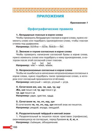 ГЯР^7 -гг-гг 7^0 -гг -гг
НЮ♦> 0 с < < < чг с «
С с -с 4 < с: < <
3 <
5
±Ж Ж ж ж ш
Ж
Ж Ж Ж ж Ж, Ж ж -Ж Ж
ПРИЛОЖЕНИЯ
Приложение 1
Орфографические правила
1. Безударные гласные в корне слова
Чтобы проверить безударную гласную в корне слова, нужно из­
менить слово или подобрать однокоренное слово, чтобы гласная
стояла под ударением.
Например: поляна —поле, бежал —бег.
2. Звонкие и глухие согласные в корне слова
Чтобы проверить написание согласной буквы в корне слова,
нужно изменить слово или подобрать к нему однокоренное, в ко­
тором после этой согласной стоит гласная.
[ш] [ж] [ж]
Например: чиж — чижи, чижик.
3. Непроизносимые согласные в корне слова
Чтобы не ошибиться в написании непроизносимых согласных в
корне слова, нужно подобрать такое проверочное слово, в кото­
ром этот согласный произносится отчётливо.
Например: местный —место, устный —уста.
4. Сочетания жи, ши, ча, ща, чу, щ у
Ж и, ши пиши с и, чу, щ у пиши с у;
ча, ща пиши с а.
Например: ужин, чувства, чаша.
5. Сочетания чк, чн, нч, нщ , щн
В сочетаниях чк, чн, нч, нщ, щн мягкий знак не пишется.
Например: речной, внучка, овощной.
6. Разделительный твёрдый и мягкий знаки
1. Разделительный ь пишется после приставок (префиксов),
оканчивающихся на согласные, перед буквами е, ё, ю, я.
Например: съёмщик, объединение.
166
 