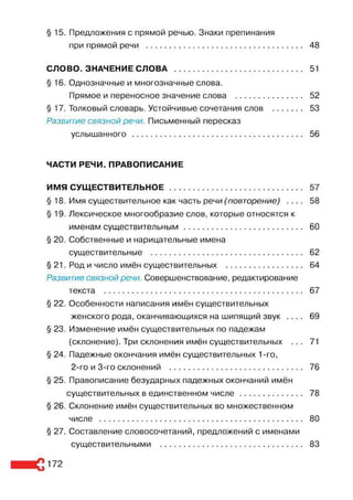 § 15. Предложения с прямой речью. Знаки препинания
при прямой речи .................................................................... 48
СЛОВО. ЗНАЧЕНИЕ СЛОВА ....................................................... 51
§ 16. Однозначные и многозначные слова.
Прямое и переносное значение слова ............................. 52
§ 17. Толковый словарь. Устойчивые сочетания слов ............ 53
Развитие связной речи. Письменный пересказ
услышанного .......................................................................... 56
ЧАСТИ РЕЧИ. ПРАВОПИСАНИЕ
ИМЯ СУЩЕСТВИТЕЛЬНОЕ......................................................... 57
§ 18. Имя существительное как часть речи (повторение) . . . . 58
§ 19. Лексическое многообразие слов, которые относятся к
именам существительным ................................................... 60
§ 20. Собственные и нарицательные имена
существительные .................................................................. 62
§ 21. Род и число имён существительных ................................. 64
Развитие связной речи Совершенствование, редактирование
текста ...................................................................................... 67
§ 22. Особенности написания имён существительных
женского рода, оканчивающихся на шипящий звук . . . . 69
§ 23. Изменение имён существительных по падежам
(склонение). Три склонения имён существительных ... 71
§ 24. Падежные окончания имён существительных 1-го,
2-го и 3-го склонений .......................................................... 76
§ 25. Правописание безударных падежных окончаний имён
существительных в единственном числе ........................... 78
§ 26. Склонение имён существительных во множественном
числе ........................................................................................ 80
§ 27. Составление словосочетаний, предложений с именами
существительными .............................................................. 83
172
 