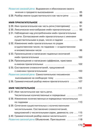Развитие связной речи. Выражение и обоснование своего
мнения о предмете высказывания ................................... 85
§ 28. Разбор имени существительного как части речи .......... 88
ИМЯ ПРИЛАГАТЕЛЬНОЕ .............................................................. 90
§ 29. Имя прилагательное как часть речи (повторение) ........ 91
§ 30. Лексическое многообразие имён прилагательных ........ 93
§ 31. Наблюдение над употреблением имён прилагательных
в речи. Согласование имён прилагательных с именами
существительными в роде, числе и падеже ..................... 95
§ 32. Изменение имён прилагательных по родам
в единственном числе; по падежам — в единственном
и множественном числе ........................................................ 98
§ 33. Произношение и написание падежных окончаний
имён прилагательных ............................................................. 100
§ 34. Произношение и написание суффиксов, приставок
в именах прилагательных .....................................................102
§ 35. Составление словосочетаний, предложений
с именами прилагательными ...............................................103
Развитие связной речи. Самостоятельное письменное
высказывание на свободную тему .................................... 105
§ 36. Грамматический разбор имени прилагательного ............107
ИМЯ ЧИСЛИТЕЛЬНОЕ ...................................................................110
§ 37. Имя числительное как часть речи.
Числительные количественные и порядковые .................. 111
§ 38. Изменение количественных и порядковых числительных
по падежам................................................................................113
§ 39. Сочетание существительных с количественными
числительными. Составление словосочетаний,
предложений с числительными сорок, девяносто, сто ... 115
§ 40. Грамматический разбор имени числительного ................117
Развитие связной речи. Объявление. Приглашение .................. 119
173
 