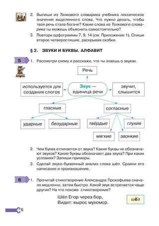 2. Выпиши из Толкового словарика учебника лексическое
значение выделенного слова. Что нужно делать, чтобы
твоя речь стала богаче? Какие слова из Толкового слова­
рика ты можешь объяснить самостоятельно?
3. Повтори орфограммы 7, 9, 14 (см. Приложение 1). Спиши
второе четверостишие, раскрывая скобки.
§ 2. ЗВУКИ И БУКВЫ. АЛФАВИТ
1. Рассмотри схему и расскажи, что ты знаешь о звуках.
Речь
Л_______ ____________
звучит,
слышится
используется для
создания слогов
Звук —
^единица речиу
2. Чем буква отличается от звука? Какие буквы не обознача­
ют звуков? Какие буквы обозначают два звука? При каких
условиях? Запиши примеры.
3. Сделай звуко-буквенный анализ слова шёл. Сравни его
написание и произношение.
6 :з> 1. Прочитай стихотворение Александра Прокофьева снача­
ла медленно, затем быстро. Какой звук встречается чаще
других? На что похоже стихотворение?
Шёл Егор через бор,
Видит: вырос мухомор.
шёл
6
 