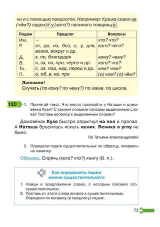 но и с помощью предлогов. Например: Кузька сидел на
(чём?) ладон[й] у /кого?) папиного товарищ [а].
Падеж Предлог Вопросы
Им. — кто? что?
Р
. от, до, из, без, с, у, для,
возле, вокруг и др.
кого? чего?
д. к, по, благодаря кому? чему?
в. в, за, на, про, через и др. кого? что?
Тв. с, за, под, над, перед и др. кем? чем?
П. о, об, в, на, при (о) ком?(о) чём?
Запомни!
Скучать ("по кому? по чему?) по маме, по школе.
1 2 0 1. Прочитай текст. Что могло произойти у Наташи и домо-
вёнка Кузи? С какими словами связаны выделенные сло­
ва? Поставь вопросы к выделенным словам?
Домовёнок Кузя быстро спрыгнул на пол и пропал.
А Наташа бросилась искать веник. Веника в углу не
было.
По Татьяне Александровой
2. Определи падеж существительных по образцу, опираясь
на памятку.
Образец. Спрячь (кого? что?) книгу (В. п.).
Как определить падеж
имени существительного
1. Найди в предложении слово, с которым связано это
существительное.
2. Поставь от этого слова вопрос к существительному.
Определи по вопросу (и предлогу) падеж.
73
 