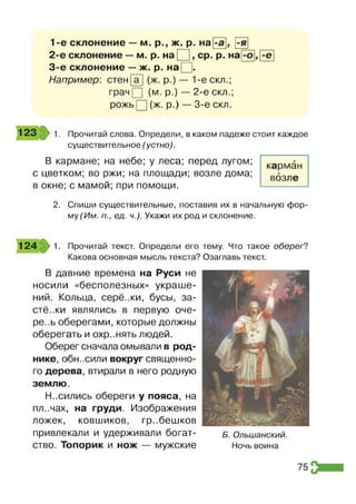 1-е склонение —м. р., ж. р. на
2-е склонение —м. р. на ср. р. на
3-є склонение —ж. р. на
Например: стен
грач [
(ж. р.) — 1-е скл.;
(м. р.) — 2-е скл.;
рожьП (ж. р.) — 3-є скл.
- е
Прочитай слова. Определи, в каком падеже стоит каждое
существительное (устно).
В кармане; на небе; у леса; перед лугом;
с цветком; во ржи; на площади; возле дома;
в окне; с мамой; при помощи.
карман
возле
2. Спиши существительные, поставив их в начальную фор­
му (Им. п., ед. ч.). Укажи их род и склонение.
124 1. Прочитай текст. Определи его тему. Что такое оберег?
Какова основная мысль текста? Озаглавь текст.
В давние времена на Руси не
носили «бесполезных» украше­
ний. Кольца, серё.жи, бусы, за-
стё.жи являлись в первую оче-
ре..ь оберегами, которые должны
оберегать и охр..нять людей.
Оберег сначала омывали в род­
нике, обн..сили вокруг священно­
го дерева, втирали в него родную
землю.
Н..сились обереги у пояса, на
пл..чах5 на груди. Изображения
ложек, ковшиков, гр..бешков
привлекали и удерживали богат- б . Ольшанский.
ство. Топорик и нож — мужские Ночь воина
75
 