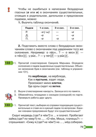Чтобы не ошибиться в написании безударных
гласных (е или и) в окончаниях существительных,
стоящих в родительном, дательном и предложном
падежах, можно:
1. Выучить таблицу окончаний.
Падеж 1-е скл. 2-е скл. 3-е скл.
Р
. -и(-ы ) — -и
д. -е — -и
п. -е -е -и
2. Подставить вместо слова с безударным окон­
чанием слово с окончанием под ударением того же
склонения. Например: о пёсн.. ? — о весн
о пёсн[ё]; у рыс.. ? — у печ[и] — у рыс[й].
132 1. Прочитай стихотворение Самуила Маршака. Определи
склонение и падеж выделенных существительных. Объяс­
ни написание букв в окончаниях {см. таблицу в упражне­
нии 131).
На верблюде, на верблюде,
Как в пустыне, ездят люди.
Проезжают мимо клетки,
Где орлы сидят на ветке.
Выучи стихотворение наизусть. Запиши его по памяти.
Обменяйтесь тетрадями с соседом (соседкой) по парте.
Проверьте работы друг друга.
Прочитай текст, выбирая из справки подходящие сущест­
вительные и ставя их в нужный падеж по вопросам. Каки­
ми членами предложения будут эти существительные?
Сидит медведь ('где? в чём?) в ... и плачет. Пробегает
зайка (где? по чему?) по .... «О чём, Миша, плачешь?» —
спрашивает. «Сижу я (где? на чём?) на ... , мёд собираю.
79
 