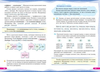 суффикс , окончание . Каждая из них выполняет свою
работу и имеет своё место в слове.
Слово может состоять только из корня, например:
здесь, завтра. Но гораздо больше в языке таких слов,
которые состоят из двух и больше частей. Например:
неб-о, лист-ик-и, при-мор-ск-ий.
Корень вместе с помощниками — префиксом и суф-
фиксом — составляют основу слова. Основа у слова всегда
одна и та же. А для связи с другими словами в предло-
жении работает окончание — оно изменяет форму слова.
Например: Мы читаем умные сказки. Я читаю
умн ую сказк у.
Окончание — это изменяемая часть слова, а основа —
часть слова без окончания.
Есть в русском языке слова, которые никогда не из-
меняют свою форму, поэтому у них нет окончания.
Например: Тане завтра купят новое пальто.
Завтра Таня придёт в новом пальто.
Отличаются ли прочитанные тобой сведения о составе слова
от того, что ты знаешь из уроков украинского языка? Задай
ребятам в классе несколько вопросов на проверку понима-
ния этого материала.
з втра
Интересно о словах
Во многих языках мира у слов нет окончаний.
Когда в русский язык пришли слова пальто, кино, метро,
такси, пони и другие «иностранцы», то так и остались неиз-
меняемыми гостями — без окончаний.
69. Назови, из каких частей может состоять основа слова.
Выпиши в колонки словà в таком порядке: 1) в основе есть
только корень; 2) основа состоит из двух частей; 3) в основе
есть три части. Обозначь основу каждого слова.
Цвет à, цвет н ой, рас цвет к а, говор ит, пере говор ы,
по говор к а, дед ы, дед ушк а, пра дед ушк а, мор е,
мор ск ой, за мор ск ий.
70. Прочитай колонки слов и сделай вывод: в каких колонках
одно и то же слово с разными окончаниями (то есть формы
одного слîва), а в каких — разные словà?
1 2 3 4
арбóз ы
арбóз ом
арбóз а
арбузик и
арбузн ый
арбуз ы
нов ый
нов ая
нов ые
ход ит
заход ят
приход ит
Рассуждай так: если основы слов в колонке различаются суф-
фиксами или префиксами — это разные словà.
Спиши первую и вторую колонки слов, обозначь в них основу
и окончание.
Чтобы определить в слове окончание, нужно это слово
изменить. Например: книг а — книг и, нов ый — нов ая,
ход ит — ход ят.
по чист крас ив ое
пальто
им
30 31
 