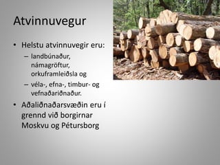 Atvinnuvegur
• Helstu atvinnuvegir eru:
– landbúnaður,
námagröftur,
orkuframleiðsla og
– véla-, efna-, timbur- og
vefnaðariðnaður.

• Aðaliðnaðarsvæðin eru í
grennd við borgirnar
Moskvu og Pétursborg

 
