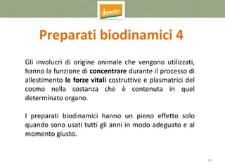 24
Preparati biodinamici 4
Gli involucri di origine animale che vengono utilizzati,
hanno la funzione di concentrare durante il processo di
allestimento le forze vitali costruttive e plasmatrici del
cosmo nella sostanza che è contenuta in quel
determinato organo.
I preparati biodinamici hanno un pieno effetto solo
quando sono usati tutti gli anni in modo adeguato e al
momento giusto.
 