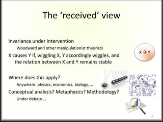 The ‘received’ view
Invariance under intervention
Woodward and other manipulationist theorists
X causes Y if, wiggling X, Y accordingly wiggles, and
the relation between X and Y remains stable
Where does this apply?
Anywhere: physics, economics, biology, …
Conceptual analysis? Metaphysics? Methodology?
Under debate …
13
X  Y
 