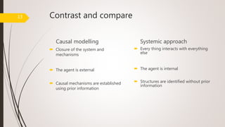 Contrast and compare
Causal modelling
 Closure of the system and
mechanisms
 The agent is external
 Causal mechanisms are established
using prior information
Systemic approach
 Every thing interacts with everything
else
 The agent is internal
 Structures are identified without prior
information
13
 