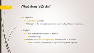 What does SES do?
 Categorise?
 A classificatory variable
 What part of the populations are more exposed, have higher prevalence …
 Explain?
 Active part in the explanation of diseases
 Mixed aetiology!
 What are the active causal pathways from exposure to outcome?
 Social practices / norms / habits to explain (and to prevent) exposure
25
 