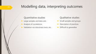 Modelling data, interpreting outcomes
Quantitative studies
 Large samples and data sets
 Analysis of correlations
 Validation via robustness tests, etc.
Qualitative studies
 Small samples and groups
 Description of practices
 Difficult to generalise
29
 