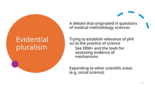 Evidential
pluralism
A debate that originated in questions
of medical methodology sciences
Trying to establish relevance of phil
sci to the practice of science
See EBM+ and the tools for
assessing evidence of
mechanisms
Expanding to other scientific areas
(e.g. social science)
12
 