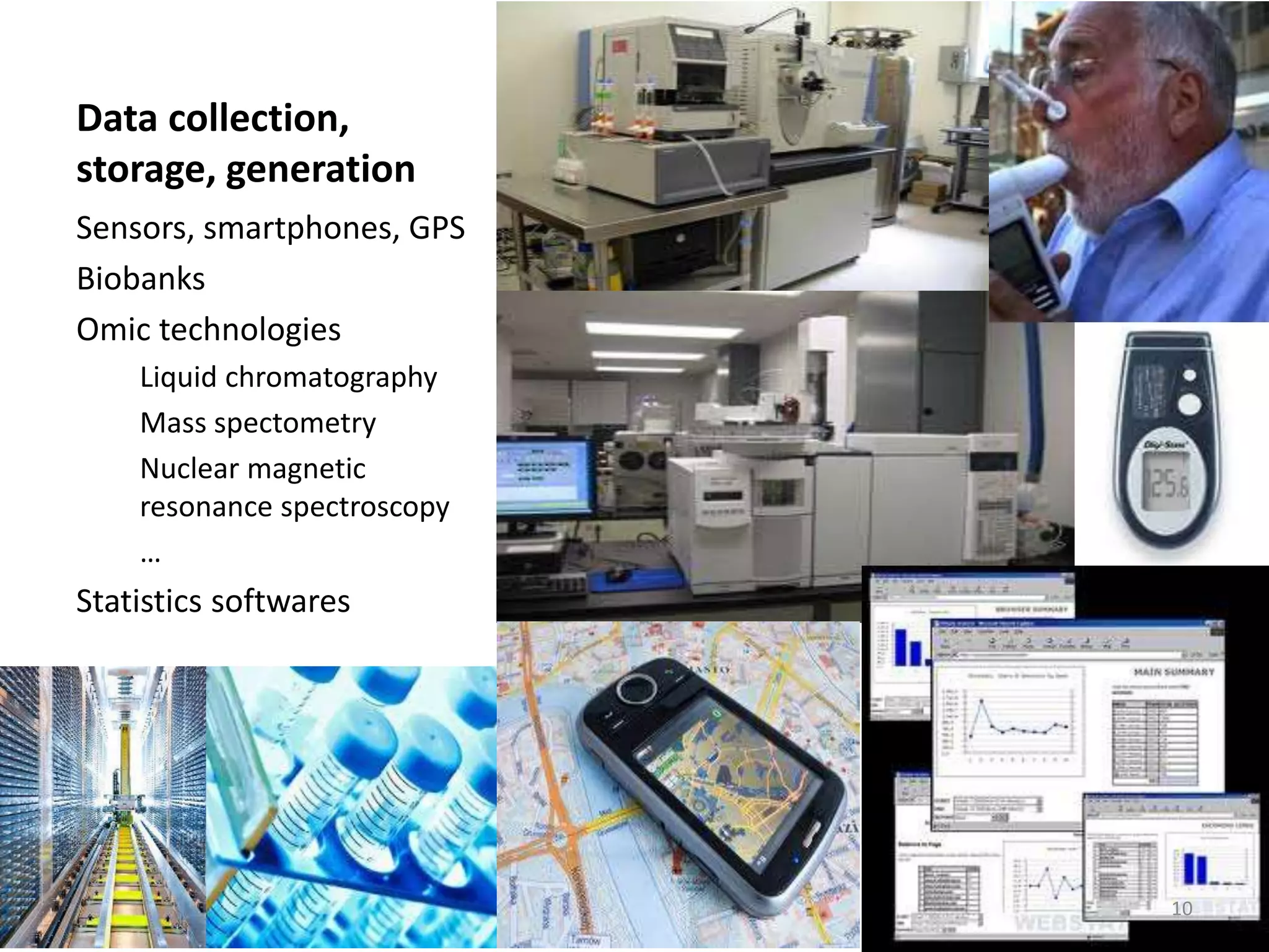 Data collection,
storage, generation
Sensors, smartphones, GPS
Biobanks
Omic technologies
Liquid chromatography
Mass spectometry
Nuclear magnetic
resonance spectroscopy
…
Statistics softwares
10
 