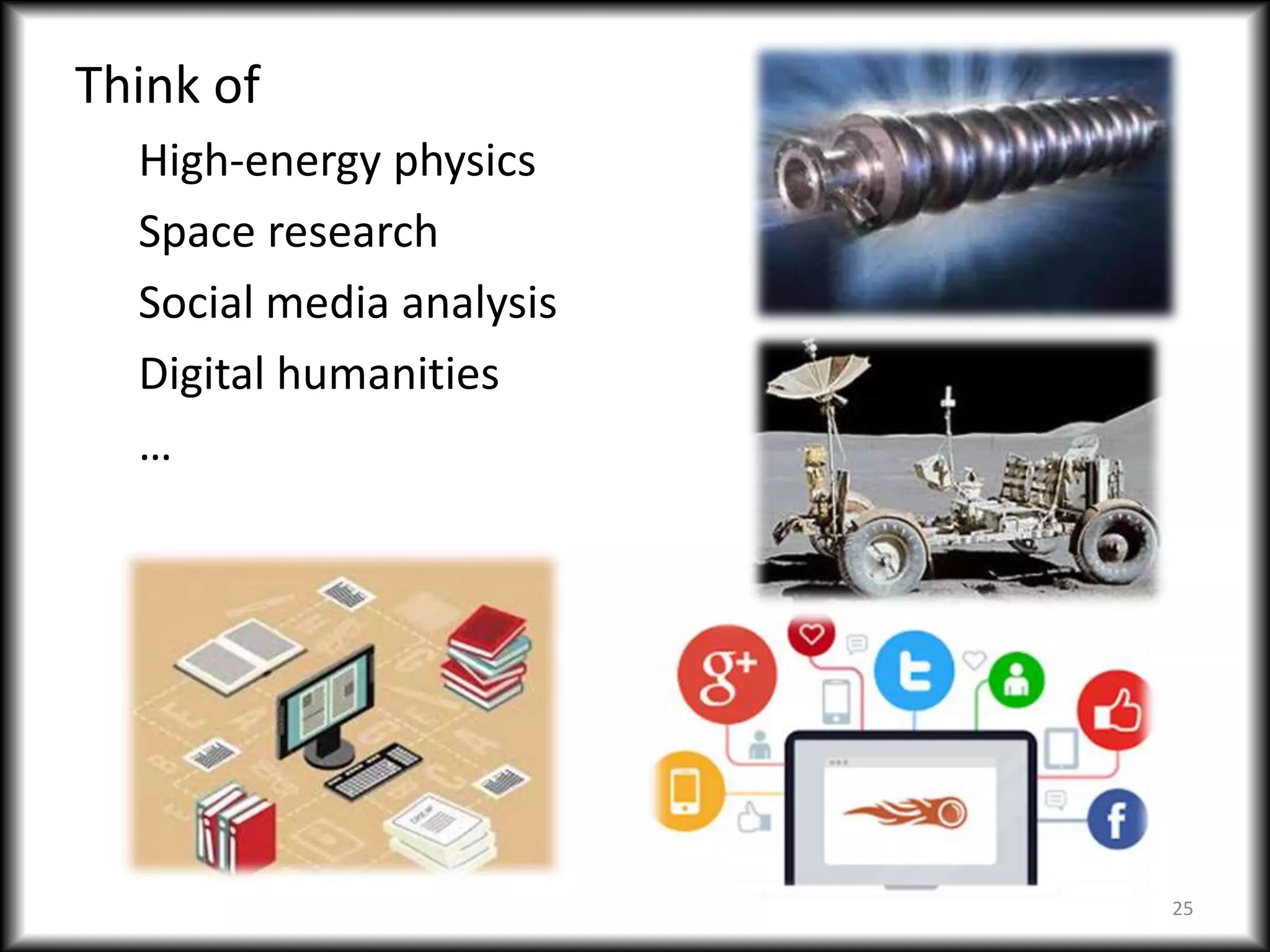 Think of
High-energy physics
Space research
Social media analysis
Digital humanities
…
25
 
