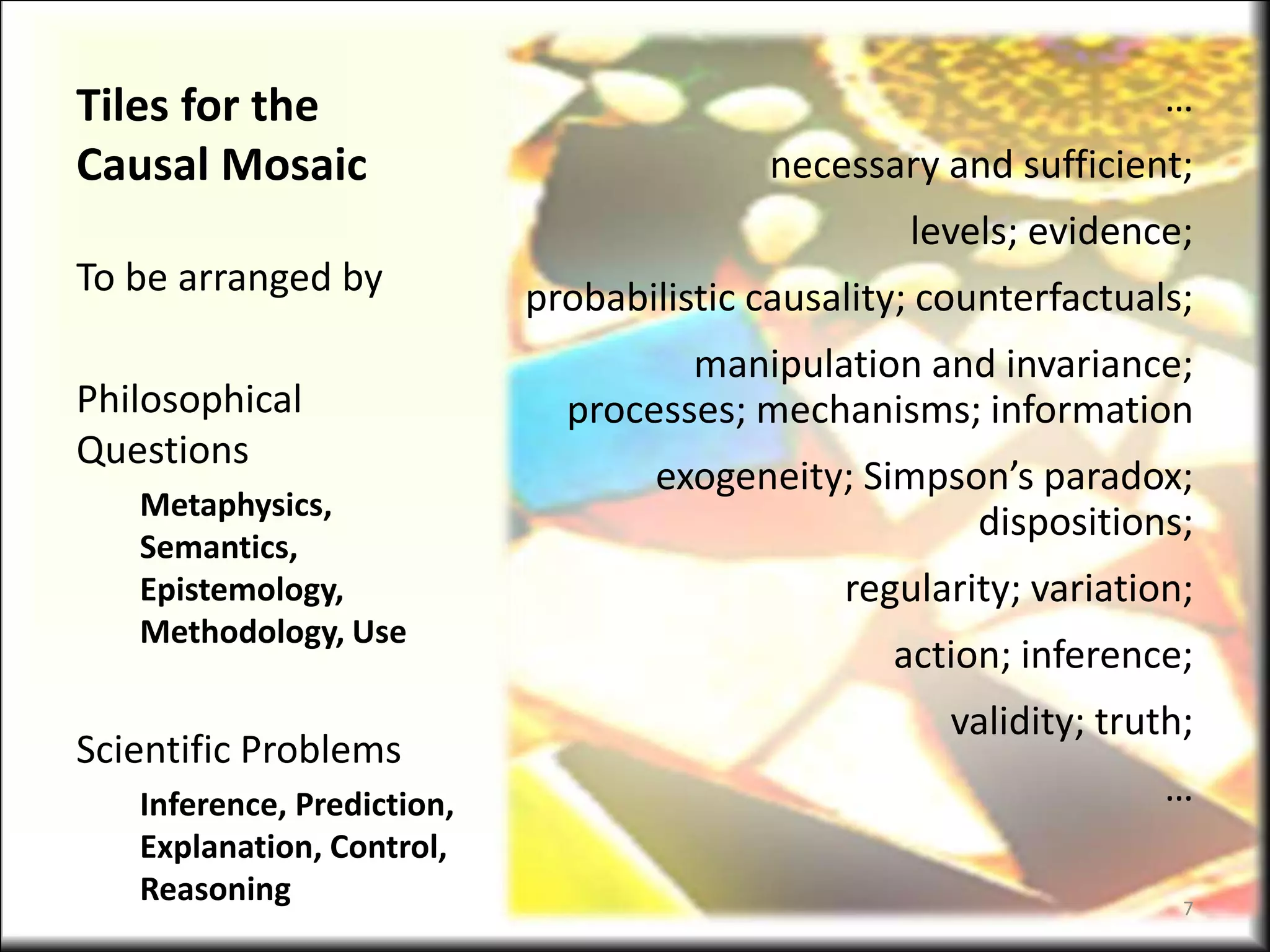 Tiles for the
Causal Mosaic
…
necessary and sufficient;
levels; evidence;
probabilistic causality; counterfactuals;
manipulation and invariance;
processes; mechanisms; information
exogeneity; Simpson’s paradox;
dispositions;
regularity; variation;
action; inference;
validity; truth;
…
To be arranged by
Philosophical
Questions
Metaphysics,
Semantics,
Epistemology,
Methodology, Use
Scientific Problems
Inference, Prediction,
Explanation, Control,
Reasoning 7
 