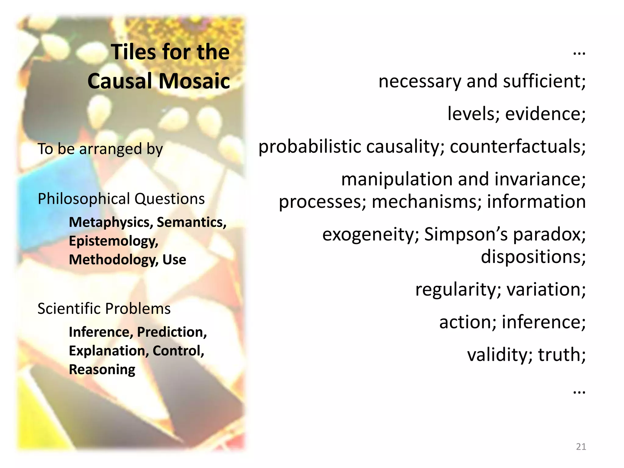 Tiles for the
Causal Mosaic
…
necessary and sufficient;
levels; evidence;
probabilistic causality; counterfactuals;
manipulation and invariance;
processes; mechanisms; information
exogeneity; Simpson’s paradox;
dispositions;
regularity; variation;
action; inference;
validity; truth;
…
To be arranged by
Philosophical Questions
Metaphysics, Semantics,
Epistemology,
Methodology, Use
Scientific Problems
Inference, Prediction,
Explanation, Control,
Reasoning
21
 
