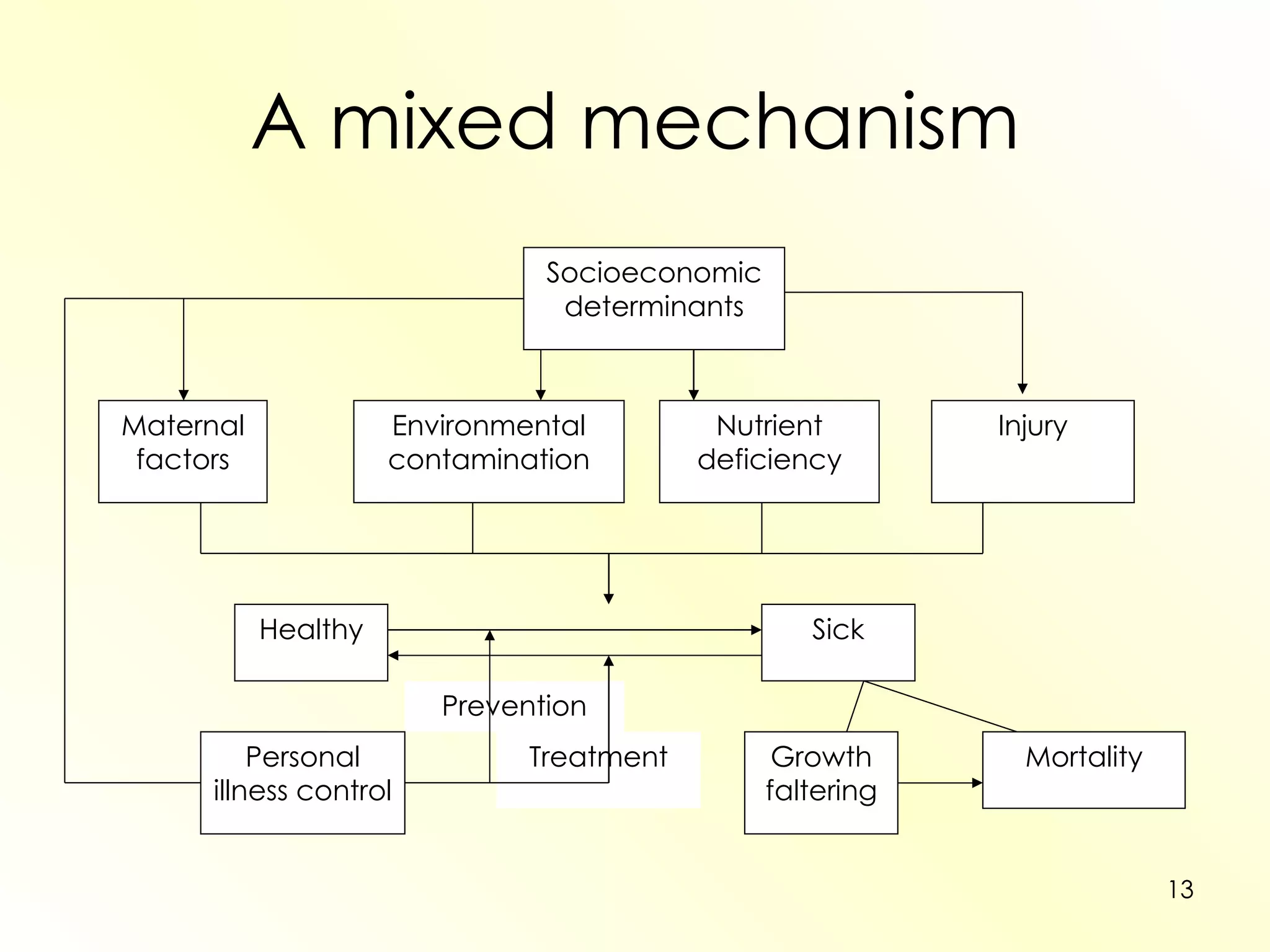 A mixed mechanism Treatment Prevention Socioeconomic determinants Maternal factors Environmental contamination Nutrient deficiency Injury Healthy Sick Personal illness control Growth faltering Mortality 