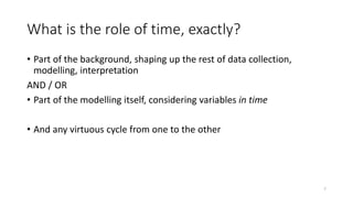 What is the role of time, exactly?
• Part of the background, shaping up the rest of data collection,
modelling, interpretation
AND / OR
• Part of the modelling itself, considering variables in time
• And any virtuous cycle from one to the other
7
 