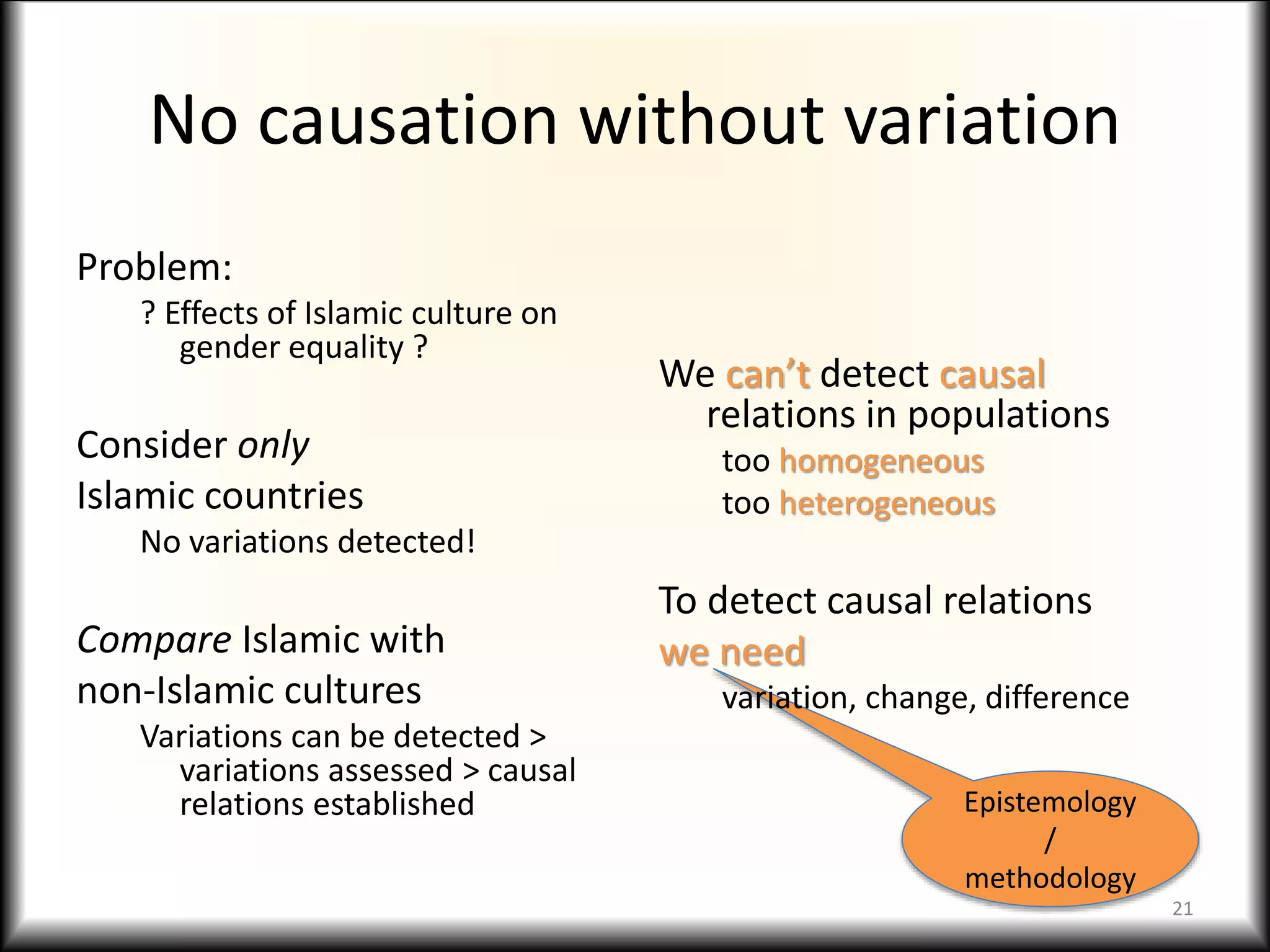 Epistemology
/
methodology
No causation without variation
Problem:
? Effects of Islamic culture on
gender equality ?
Consider only
Islamic countries
No variations detected!
Compare Islamic with
non-Islamic cultures
Variations can be detected >
variations assessed > causal
relations established
We can’t detect causal
relations in populations
too homogeneous
too heterogeneous
To detect causal relations
we need
variation, change, difference
21
 