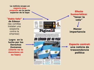 La noticia ocupa un
espacio muy
pequeño en la parte
superior de la tapa

“Doble falla”
de Edesur
(las comillas
instalan una
sospecha
contra la
empresa)

Logro en la
lucha por los
Derechos
Humanos
(Clarín no lo
menciona en
su tapa)

Efecto
humorístico:
“tener la
vela”

Menor
importancia

Espacio central:
una noticia de
trascendencia
política

 