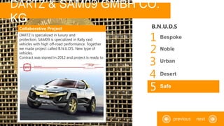 DARTZ & SAM09 GMBH CO.
KG
DARTZ is specialized in luxury and
protection, SAM09 is specialized in Rally raid
vehicles with high off-road performance. Together
we made project called B.N.U.D.S. New type of
vehicles.
Contract was signed in 2012 and project is ready to
start.
Collaborative Project
nextprevious
B.N.U.D.S
1 Bespoke
2 Noble
3 Urban
4 Desert
5 Safe
 