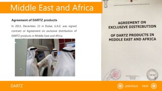 Middle East and Africa
DARTZ previous next
In 2013, December, 23 in Dubai, U.A.E. was signed
contract or Agreement on exclusive distribution of
DARTZ products in Middle East and Africa
Agreement of DARTZ products
 
