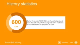 During the period of 1909-1918 years Russo-Balt produced
more than 600 units, which was higher than the production
of such automakers as "Mercedes" or "Opel"
History statistics
Russo Balt History previous next
600
Cars
 
