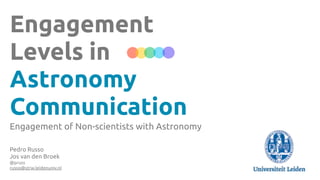 Engagement
Levels in
Astronomy
Communication
Engagement of Non-scientists with Astronomy
Pedro Russo
Jos van den Broek
@pruss
russo@strw.leidenuniv.nl

 