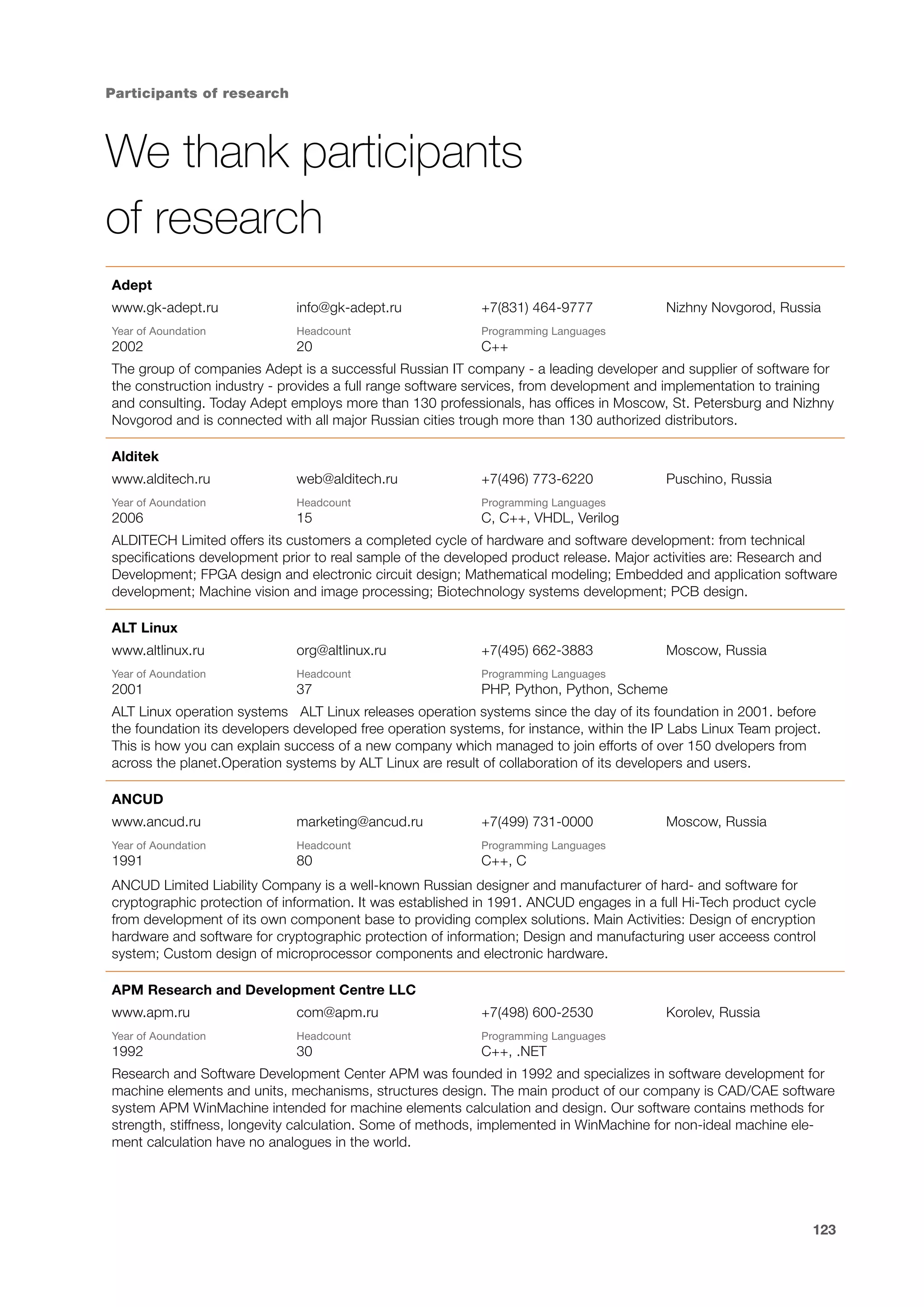 Participants of research

We thank participants
of research
Adept
www.gk-adept.ru

info@gk-adept.ru

+7(831) 464-9777

Year of Аoundation

Headcount

Programming Languages

2002

20

Nizhny Novgorod, Russia

C++

The group of companies Adept is a successful Russian IT company - a leading developer and supplier of software for
the construction industry - provides a full range software services, from development and implementation to training
and consulting. Today Adept employs more than 130 professionals, has offices in Moscow, St. Petersburg and Nizhny
Novgorod and is connected with all major Russian cities trough more than 130 authorized distributors.
Alditek
www.alditech.ru

web@alditech.ru

+7(496) 773-6220

Year of Аoundation

Headcount

Programming Languages

2006

15

Puschino, Russia

C, C++, VHDL, Verilog

ALDITECH Limited offers its customers a completed cycle of hardware and software development: from technical
specifications development prior to real sample of the developed product release. Major activities are: Research and
Development; FPGA design and electronic circuit design; Mathematical modeling; Embedded and application software
development; Machine vision and image processing; Biotechnology systems development; PCB design.
ALT Linux
www.altlinux.ru

org@altlinux.ru

+7(495) 662-3883

Moscow, Russia

Year of Аoundation

Headcount

Programming Languages

2001

37

PHP, Python, Python, Scheme

ALT Linux operation systems ALT Linux releases operation systems since the day of its foundation in 2001. before
the foundation its developers developed free operation systems, for instance, within the IP Labs Linux Team project.
This is how you can explain success of a new company which managed to join efforts of over 150 dvelopers from
across the planet.Operation systems by ALT Linux are result of collaboration of its developers and users.
ANCUD
www.ancud.ru

marketing@ancud.ru

+7(499) 731-0000

Year of Аoundation

Headcount

Programming Languages

1991

80

Moscow, Russia

C++, C

ANCUD Limited Liability Company is a well-known Russian designer and manufacturer of hard- and software for
cryptographic protection of information. It was established in 1991. ANCUD engages in a full Hi-Tech product cycle
from development of its own component base to providing complex solutions. Main Activities: Design of encryption
hardware and software for cryptographic protection of information; Design and manufacturing user acceess control
system; Custom design of microprocessor components and electronic hardware.
APM Research and Development Centre LLC
www.apm.ru

com@apm.ru

+7(498) 600-2530

Year of Аoundation

Headcount

Programming Languages

1992

30

Korolev, Russia

C++, .NET

Research and Software Development Center APM was founded in 1992 and specializes in software development for
machine elements and units, mechanisms, structures design. The main product of our company is CAD/CAE software
system APM WinMachine intended for machine elements calculation and design. Our software contains methods for
strength, stiffness, longevity calculation. Some of methods, implemented in WinMachine for non-ideal machine element calculation have no analogues in the world.

123

 