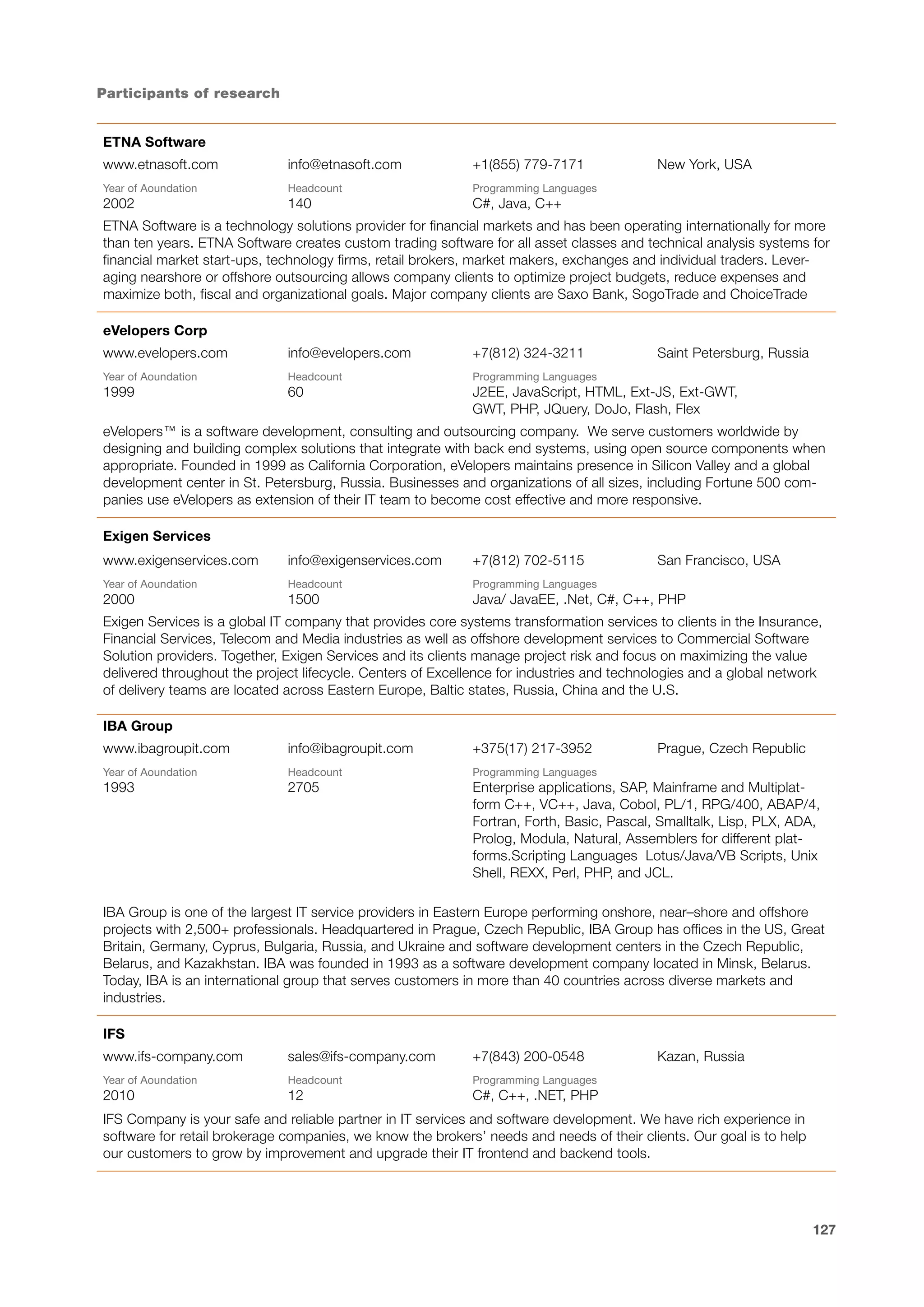 Participants of research
ETNA Software
www.etnasoft.com

info@etnasoft.com

+1(855) 779-7171

Year of Аoundation

Headcount

Programming Languages

2002

140

New York, USA

C#, Java, C++

ETNA Software is a technology solutions provider for financial markets and has been operating internationally for more
than ten years. ETNA Software creates custom trading software for all asset classes and technical analysis systems for
financial market start-ups, technology firms, retail brokers, market makers, exchanges and individual traders. Leveraging nearshore or offshore outsourcing allows company clients to optimize project budgets, reduce expenses and
maximize both, fiscal and organizational goals. Major company clients are Saxo Bank, SogoTrade and ChoiceTrade
eVelopers Corp
www.evelopers.com

info@evelopers.com

+7(812) 324-3211

Saint Petersburg, Russia

Year of Аoundation

Headcount

Programming Languages

1999

60

J2EE, JavaScript, HTML, Ext-JS, Ext-GWT,
GWT, PHP, JQuery, DoJo, Flash, Flex

eVelopers™ is a software development, consulting and outsourcing company. We serve customers worldwide by
designing and building complex solutions that integrate with back end systems, using open source components when
appropriate. Founded in 1999 as California Corporation, eVelopers maintains presence in Silicon Valley and a global
development center in St. Petersburg, Russia. Businesses and organizations of all sizes, including Fortune 500 companies use eVelopers as extension of their IT team to become cost effective and more responsive.
Exigen Services
www.exigenservices.com

info@exigenservices.com

+7(812) 702-5115

San Francisco, USA

Year of Аoundation

Headcount

Programming Languages

2000

1500

Java/ JavaEE, .Net, C#, C++, PHP

Exigen Services is a global IT company that provides core systems transformation services to clients in the Insurance,
Financial Services, Telecom and Media industries as well as offshore development services to Commercial Software
Solution providers. Together, Exigen Services and its clients manage project risk and focus on maximizing the value
delivered throughout the project lifecycle. Centers of Excellence for industries and technologies and a global network
of delivery teams are located across Eastern Europe, Baltic states, Russia, China and the U.S.
IBA Group
www.ibagroupit.com

info@ibagroupit.com

+375(17) 217-3952

Year of Аoundation

Headcount

Programming Languages

Prague, Czech Republic

1993

2705

Enterprise applications, SAP, Mainframe and Multiplatform C++, VC++, Java, Cobol, PL/1, RPG/400, ABAP/4,
Fortran, Forth, Basic, Pascal, Smalltalk, Lisp, PLX, ADA,
Prolog, Modula, Natural, Assemblers for different platforms.Scripting Languages Lotus/Java/VB Scripts, Unix
Shell, REXX, Perl, PHP, and JCL.

IBA Group is one of the largest IT service providers in Eastern Europe performing onshore, near–shore and offshore
projects with 2,500+ professionals. Headquartered in Prague, Czech Republic, IBA Group has offices in the US, Great
Britain, Germany, Cyprus, Bulgaria, Russia, and Ukraine and software development centers in the Czech Republic,
Belarus, and Kazakhstan. IBA was founded in 1993 as a software development company located in Minsk, Belarus.
Today, IBA is an international group that serves customers in more than 40 countries across diverse markets and
industries.
IFS
www.ifs-company.com

sales@ifs-company.com

+7(843) 200-0548

Year of Аoundation

Headcount

Programming Languages

2010

12

Kazan, Russia

C#, C++, .NET, PHP

IFS Company is your safe and reliable partner in IT services and software development. We have rich experience in
software for retail brokerage companies, we know the brokers’ needs and needs of their clients. Our goal is to help
our customers to grow by improvement and upgrade their IT frontend and backend tools.

127

 