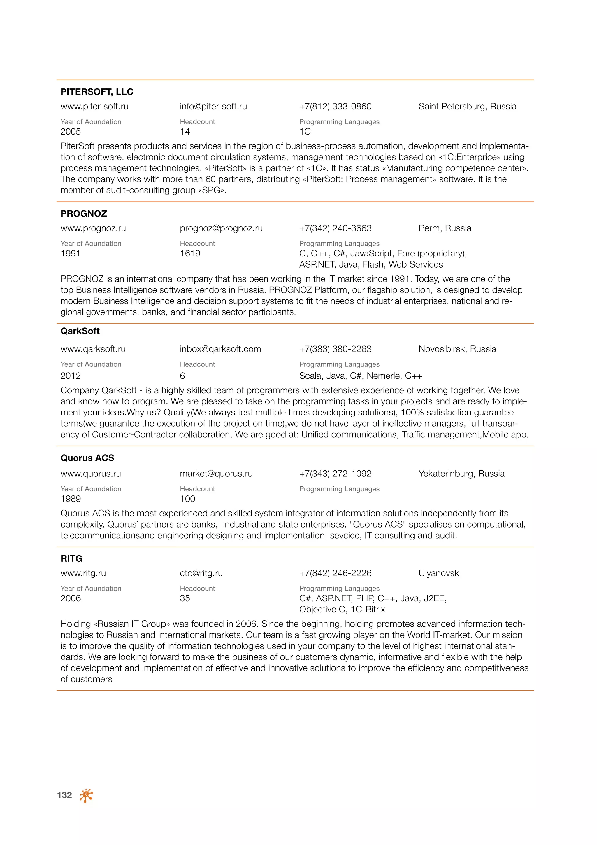 PITERSOFT, LLC
www.piter-soft.ru

info@piter-soft.ru

+7(812) 333-0860

Year of Аoundation

Headcount

Programming Languages

2005

14

Saint Petersburg, Russia

1С

PiterSoft presents products and services in the region of business-process automation, development and implementation of software, electronic document circulation systems, management technologies based on «1C:Enterprice» using
process management technologies. «PiterSoft» is a partner of «1C». It has status «Manufacturing competence center».
The company works with more than 60 partners, distributing «PiterSoft: Process management» software. It is the
member of audit-consulting group «SPG».
PROGNOZ
www.prognoz.ru

prognoz@prognoz.ru

+7(342) 240-3663

Perm, Russia

Year of Аoundation

Headcount

Programming Languages

1991

1619

C, C++, C#, JavaScript, Fore (proprietary),
ASP.NET, Java, Flash, Web Services

PROGNOZ is an international company that has been working in the IT market since 1991. Today, we are one of the
top Business Intelligence software vendors in Russia. PROGNOZ Platform, our flagship solution, is designed to develop
modern Business Intelligence and decision support systems to fit the needs of industrial enterprises, national and regional governments, banks, and financial sector participants.
QarkSoft
www.qarksoft.ru

inbox@qarksoft.com

+7(383) 380-2263

Novosibirsk, Russia

Year of Аoundation

Headcount

Programming Languages

2012

6

Scala, Java, C#, Nemerle, C++

Company QarkSoft - is a highly skilled team of programmers with extensive experience of working together. We love
and know how to program. We are pleased to take on the programming tasks in your projects and are ready to implement your ideas.Why us? Quality(We always test multiple times developing solutions), 100% satisfaction guarantee
terms(we guarantee the execution of the project on time),we do not have layer of ineffective managers, full transparency of Customer-Contractor collaboration. We are good at: Unified communications, Traffic management,Mobile app.
Quorus ACS
www.quorus.ru

market@quorus.ru

+7(343) 272-1092

Year of Аoundation

Headcount

Programming Languages

1989

Yekaterinburg, Russia

100

Quorus ACS is the most experienced and skilled system integrator of information solutions independently from its
complexity. Quorus` partners are banks, industrial and state enterprises. "Quorus ACS" specialises on computational,
telecommunicationsand engineering designing and implementation; sevcice, IT consulting and audit.
RITG
www.ritg.ru

cto@ritg.ru

+7(842) 246-2226

Ulyanovsk

Year of Аoundation

Headcount

Programming Languages

2006

35

С#, ASP.NET, PHP, C++, Java, J2EE,
Objective C, 1C-Bitrix

Holding «Russian IT Group» was founded in 2006. Since the beginning, holding promotes advanced information technologies to Russian and international markets. Our team is a fast growing player on the World IT-market. Our mission
is to improve the quality of information technologies used in your company to the level of highest international standards. We are looking forward to make the business of our customers dynamic, informative and flexible with the help
of development and implementation of effective and innovative solutions to improve the efficiency and competitiveness
of customers

132

 