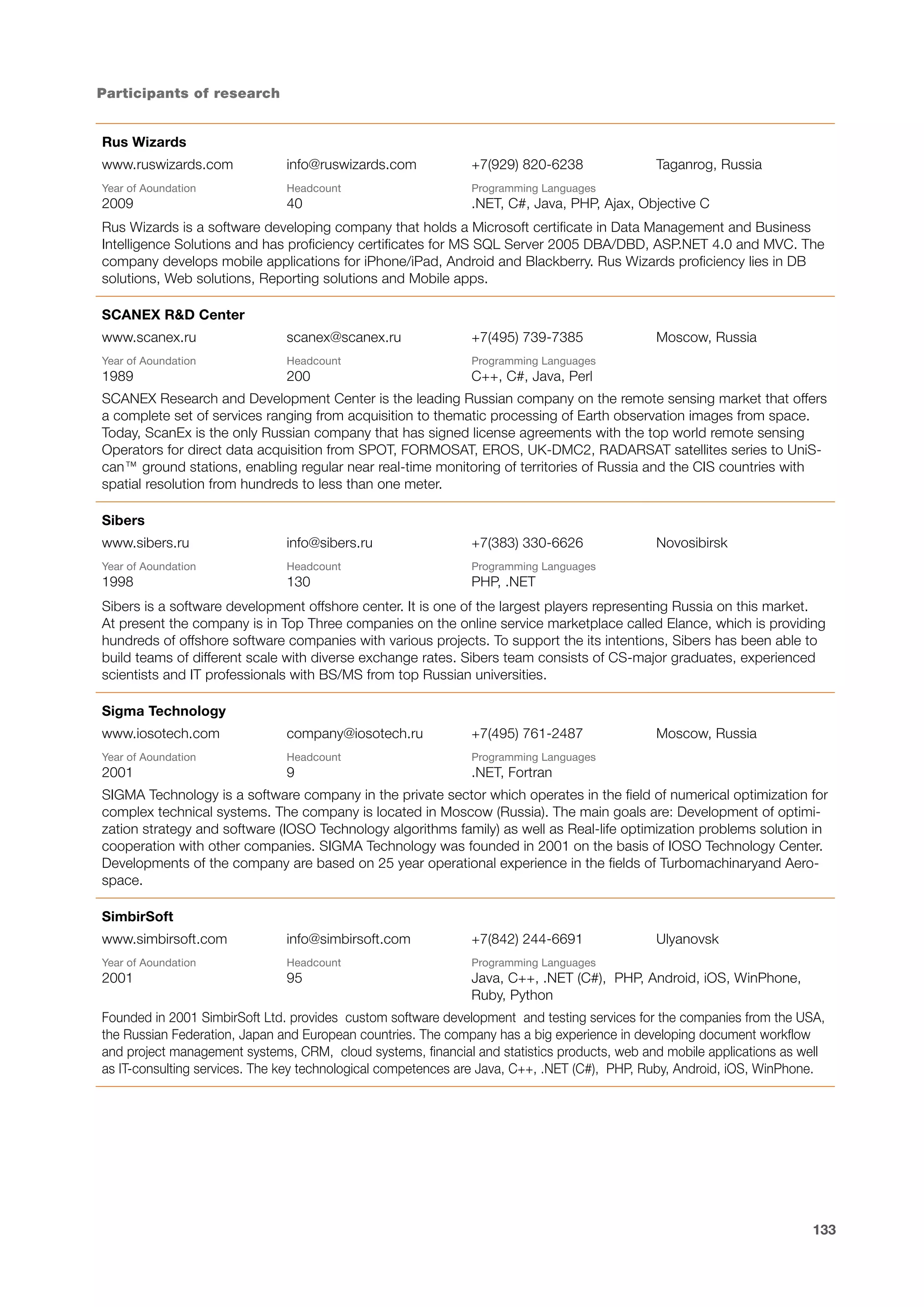 Participants of research
Rus Wizards
www.ruswizards.com

info@ruswizards.com

+7(929) 820-6238

Year of Аoundation

Headcount

Programming Languages

Taganrog, Russia

2009

40

.NET, C#, Java, PHP, Ajax, Objective C

Rus Wizards is a software developing company that holds a Microsoft certificate in Data Management and Business
Intelligence Solutions and has proficiency certificates for MS SQL Server 2005 DBA/DBD, ASP.NET 4.0 and MVC. The
company develops mobile applications for iPhone/iPad, Android and Blackberry. Rus Wizards proficiency lies in DB
solutions, Web solutions, Reporting solutions and Mobile apps.
SCANEX R&D Center
www.scanex.ru

scanex@scanex.ru

+7(495) 739-7385

Year of Аoundation

Headcount

Programming Languages

1989

200

Moscow, Russia

C++, C#, Java, Perl

SCANEX Research and Development Center is the leading Russian company on the remote sensing market that offers
a complete set of services ranging from acquisition to thematic processing of Earth observation images from space.
Today, ScanEx is the only Russian company that has signed license agreements with the top world remote sensing
Operators for direct data acquisition from SPOT, FORMOSAT, EROS, UK-DMC2, RADARSAT satellites series to UniScan™ ground stations, enabling regular near real-time monitoring of territories of Russia and the CIS countries with
spatial resolution from hundreds to less than one meter.
Sibers
www.sibers.ru

info@sibers.ru

+7(383) 330-6626

Year of Аoundation

Headcount

Programming Languages

1998

130

Novosibirsk

PHP, .NET

Sibers is a software development offshore center. It is one of the largest players representing Russia on this market.
At present the company is in Top Three companies on the online service marketplace called Elance, which is providing
hundreds of offshore software companies with various projects. To support the its intentions, Sibers has been able to
build teams of different scale with diverse exchange rates. Sibers team consists of CS-major graduates, experienced
scientists and IT professionals with BS/MS from top Russian universities.
Sigma Technology
www.iosotech.com

company@iosotech.ru

+7(495) 761-2487

Year of Аoundation

Headcount

Programming Languages

2001

9

Moscow, Russia

.NET, Fortran

SIGMA Technology is a software company in the private sector which operates in the field of numerical optimization for
complex technical systems. The company is located in Moscow (Russia). The main goals are: Development of optimization strategy and software (IOSO Technology algorithms family) as well as Real-life optimization problems solution in
cooperation with other companies. SIGMA Technology was founded in 2001 on the basis of IOSO Technology Center.
Developments of the company are based on 25 year operational experience in the fields of Turbomachinaryand Aerospace.
SimbirSoft
www.simbirsoft.com

info@simbirsoft.com

+7(842) 244-6691

Ulyanovsk

Year of Аoundation

Headcount

Programming Languages

2001

95

Java, C++, .NET (C#), PHP, Android, iOS, WinPhone,
Ruby, Python

Founded in 2001 SimbirSoft Ltd. provides custom software development and testing services for the companies from the USA,
the Russian Federation, Japan and European countries. The company has a big experience in developing document workflow
and project management systems, CRM, cloud systems, financial and statistics products, web and mobile applications as well
as IT-consulting services. The key technological competences are Java, C++, .NET (C#), PHP, Ruby, Android, iOS, WinPhone.

133

 